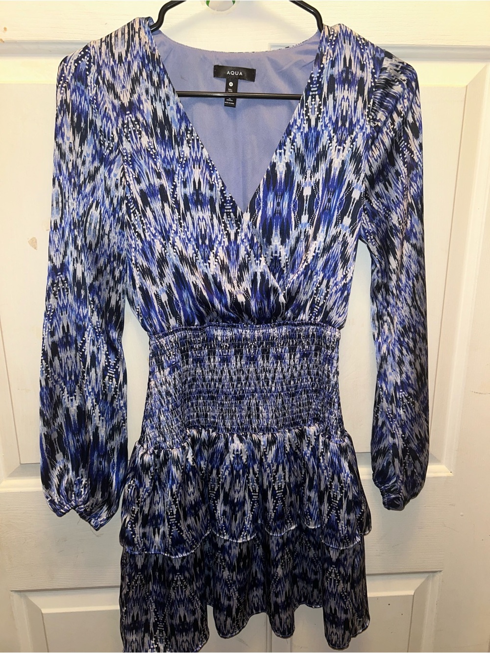 Aqua Blue Multi-Pattern V-Neck Smocked Waist Long Sleeve Dress